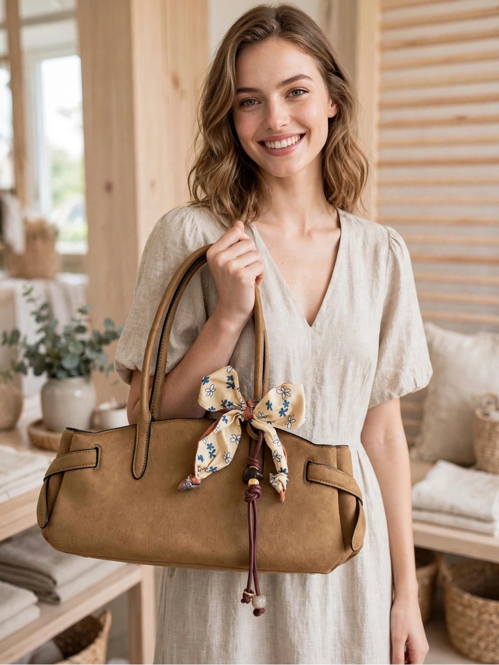 H&M Tan Shoulder Bag with Floral Scarf Accent